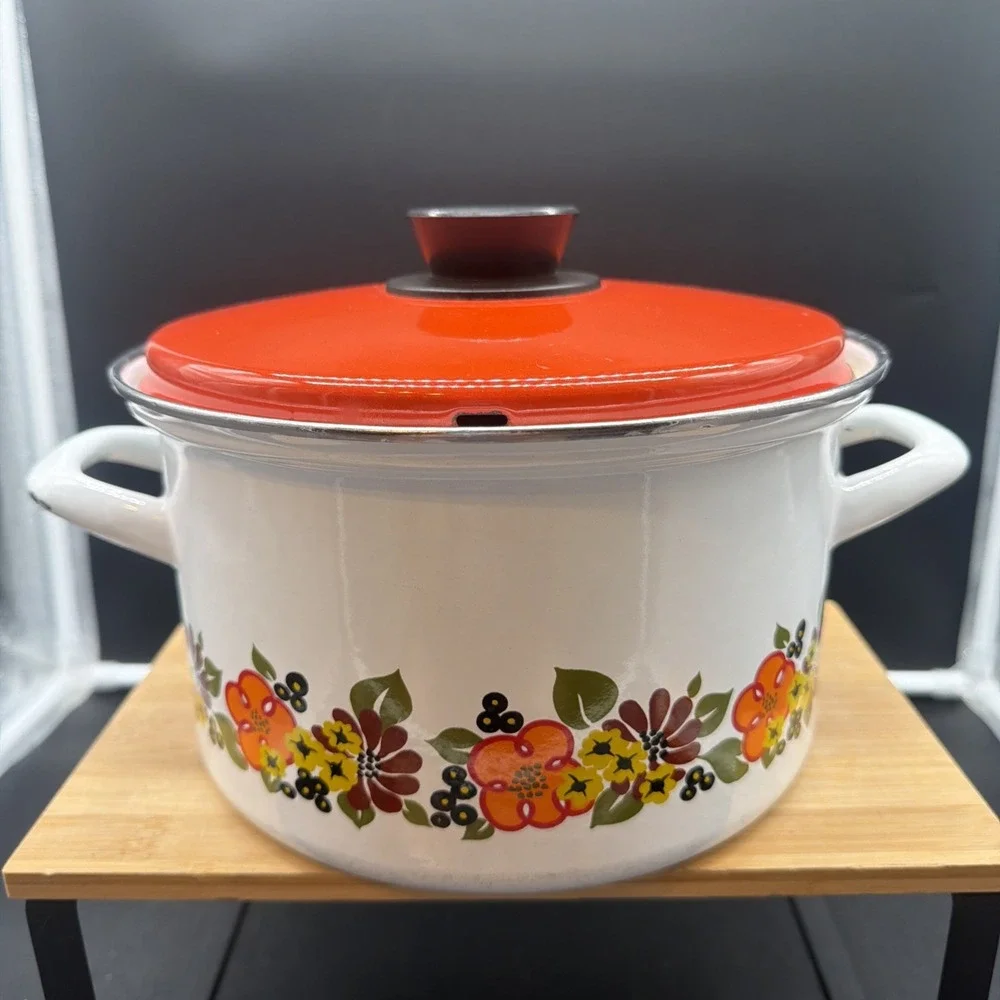 1970s Austria Email Enamel Floral Stock Pot w/Lid Vintage Cookware Retro Cottage